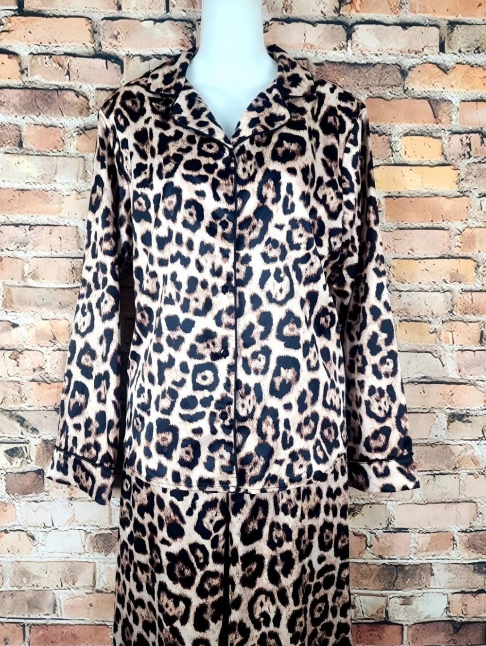 New Ladies Joyspun Leopard Animal Print Satin Charmeuse Pajama Lounge Pant Set - Picture 2 of 7